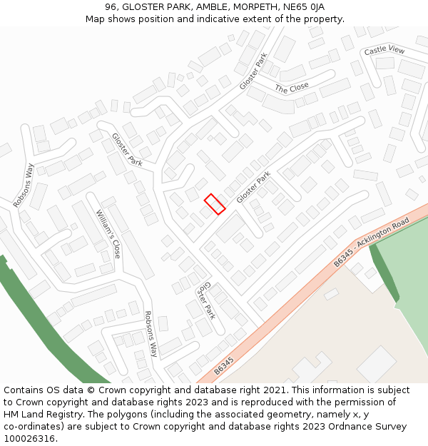 96, GLOSTER PARK, AMBLE, MORPETH, NE65 0JA: Location map and indicative extent of plot