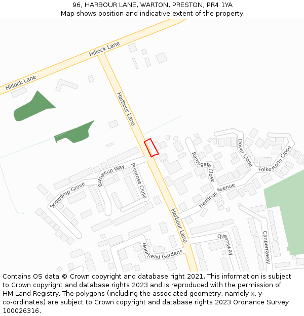 96, HARBOUR LANE, WARTON, PRESTON, PR4 1YA: Location map and indicative extent of plot