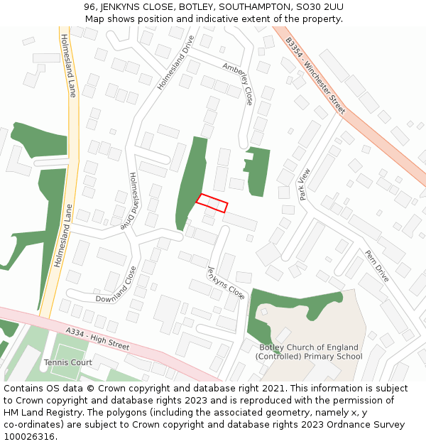 96, JENKYNS CLOSE, BOTLEY, SOUTHAMPTON, SO30 2UU: Location map and indicative extent of plot