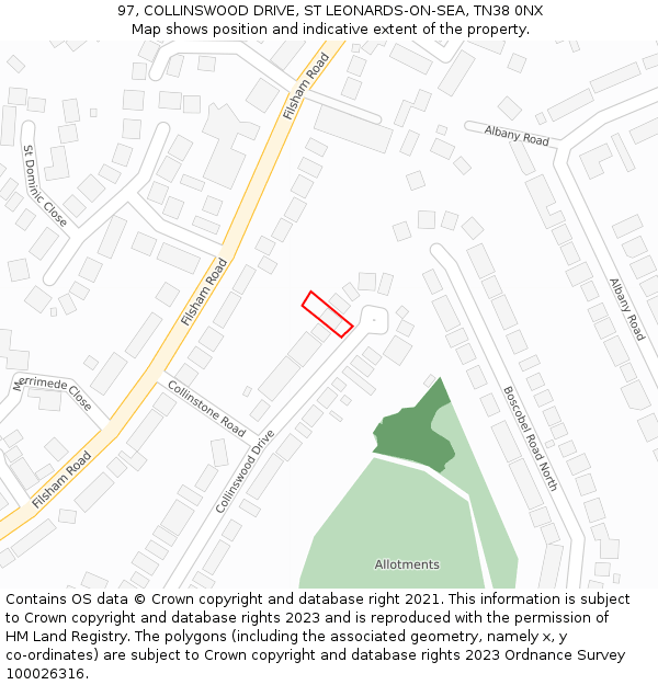 97, COLLINSWOOD DRIVE, ST LEONARDS-ON-SEA, TN38 0NX: Location map and indicative extent of plot