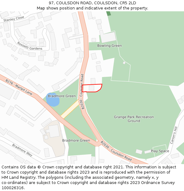 97, COULSDON ROAD, COULSDON, CR5 2LD: Location map and indicative extent of plot