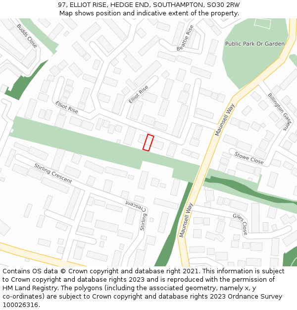 97, ELLIOT RISE, HEDGE END, SOUTHAMPTON, SO30 2RW: Location map and indicative extent of plot