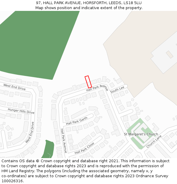 97, HALL PARK AVENUE, HORSFORTH, LEEDS, LS18 5LU: Location map and indicative extent of plot