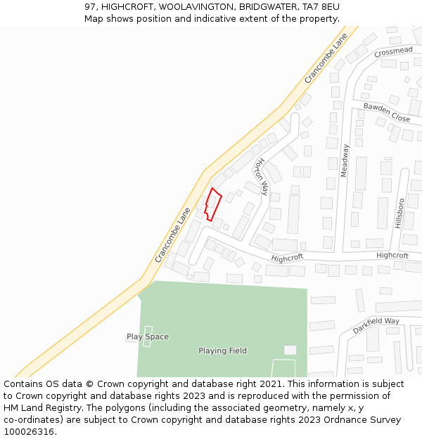 97, HIGHCROFT, WOOLAVINGTON, BRIDGWATER, TA7 8EU: Location map and indicative extent of plot