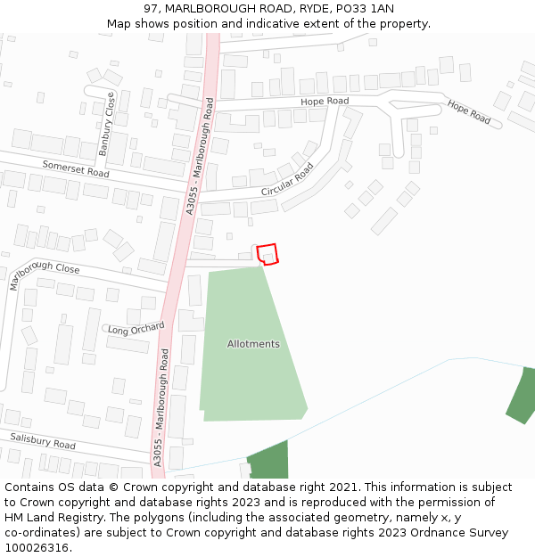 97, MARLBOROUGH ROAD, RYDE, PO33 1AN: Location map and indicative extent of plot