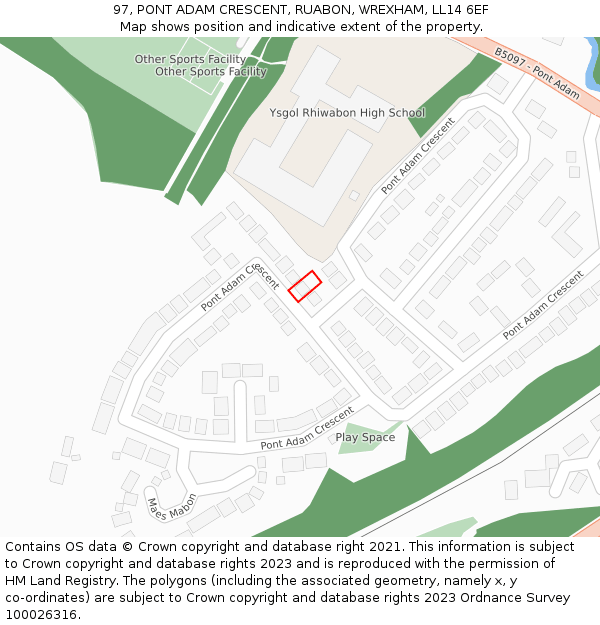 97, PONT ADAM CRESCENT, RUABON, WREXHAM, LL14 6EF: Location map and indicative extent of plot