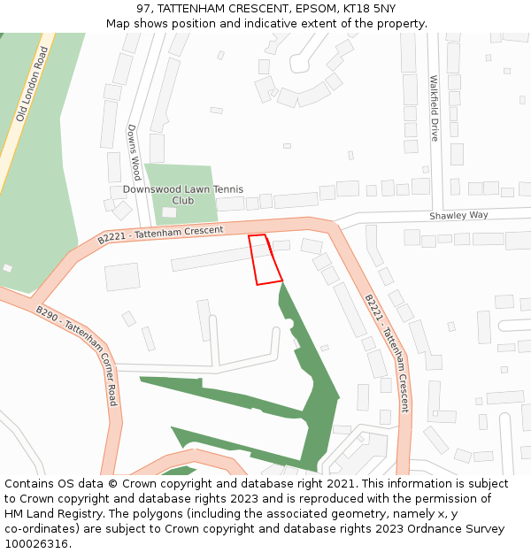 97, TATTENHAM CRESCENT, EPSOM, KT18 5NY: Location map and indicative extent of plot