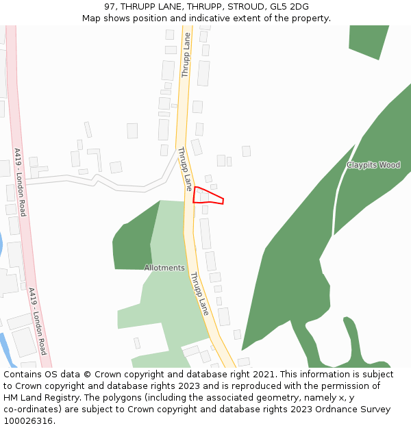 97, THRUPP LANE, THRUPP, STROUD, GL5 2DG: Location map and indicative extent of plot