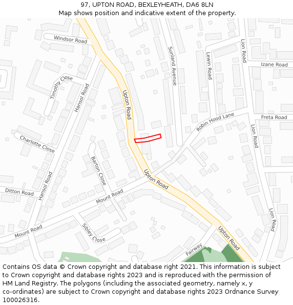 97, UPTON ROAD, BEXLEYHEATH, DA6 8LN: Location map and indicative extent of plot