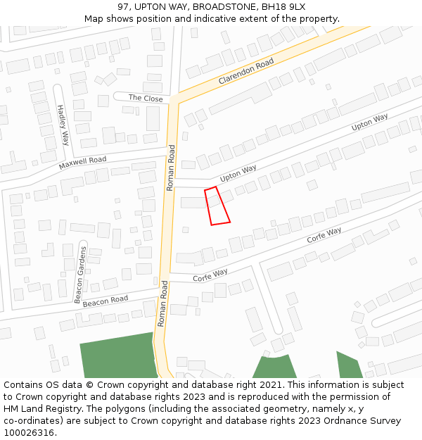 97, UPTON WAY, BROADSTONE, BH18 9LX: Location map and indicative extent of plot