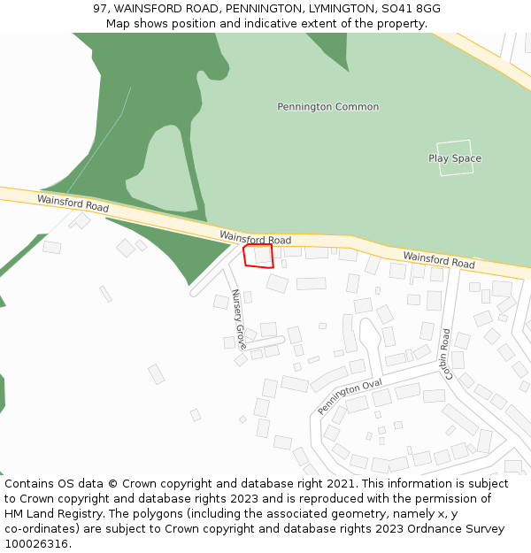 97, WAINSFORD ROAD, PENNINGTON, LYMINGTON, SO41 8GG: Location map and indicative extent of plot