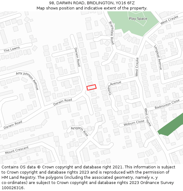 98, DARWIN ROAD, BRIDLINGTON, YO16 6FZ: Location map and indicative extent of plot