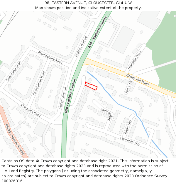 98, EASTERN AVENUE, GLOUCESTER, GL4 4LW: Location map and indicative extent of plot