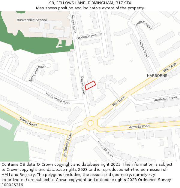 98, FELLOWS LANE, BIRMINGHAM, B17 9TX: Location map and indicative extent of plot