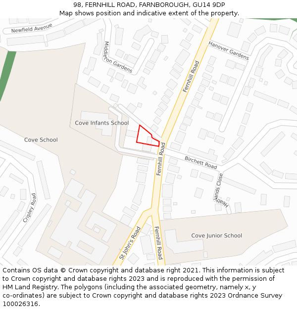 98, FERNHILL ROAD, FARNBOROUGH, GU14 9DP: Location map and indicative extent of plot