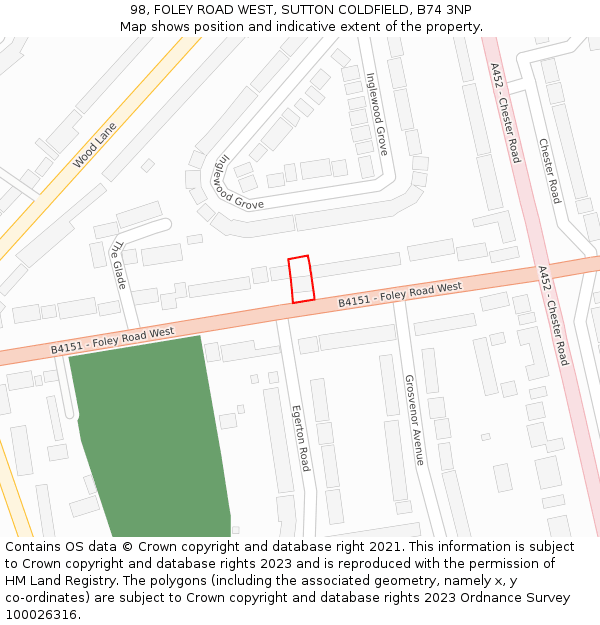 98, FOLEY ROAD WEST, SUTTON COLDFIELD, B74 3NP: Location map and indicative extent of plot