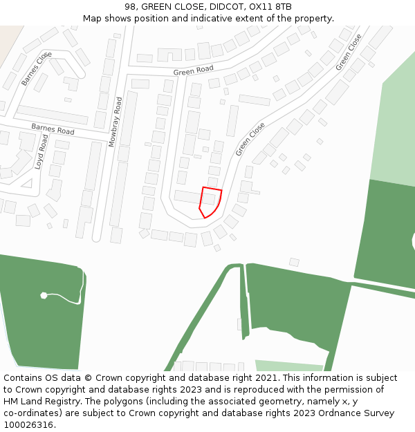 98, GREEN CLOSE, DIDCOT, OX11 8TB: Location map and indicative extent of plot