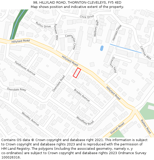 98, HILLYLAID ROAD, THORNTON-CLEVELEYS, FY5 4ED: Location map and indicative extent of plot