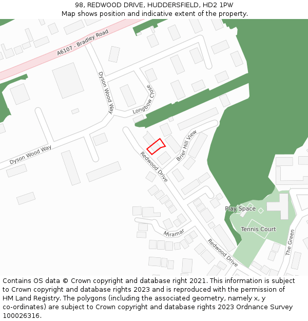 98, REDWOOD DRIVE, HUDDERSFIELD, HD2 1PW: Location map and indicative extent of plot