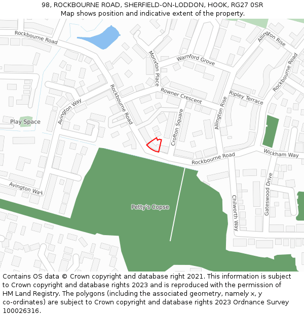 98, ROCKBOURNE ROAD, SHERFIELD-ON-LODDON, HOOK, RG27 0SR: Location map and indicative extent of plot