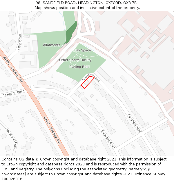 98, SANDFIELD ROAD, HEADINGTON, OXFORD, OX3 7RL: Location map and indicative extent of plot