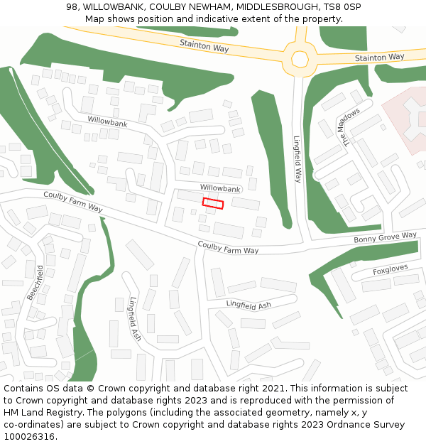 98, WILLOWBANK, COULBY NEWHAM, MIDDLESBROUGH, TS8 0SP: Location map and indicative extent of plot