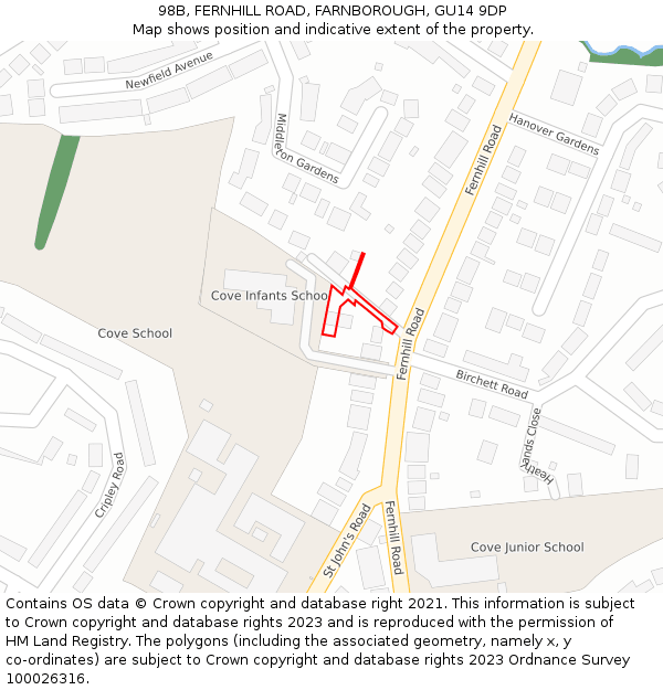 98B, FERNHILL ROAD, FARNBOROUGH, GU14 9DP: Location map and indicative extent of plot