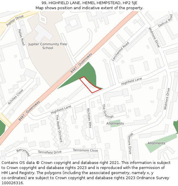 99, HIGHFIELD LANE, HEMEL HEMPSTEAD, HP2 5JE: Location map and indicative extent of plot