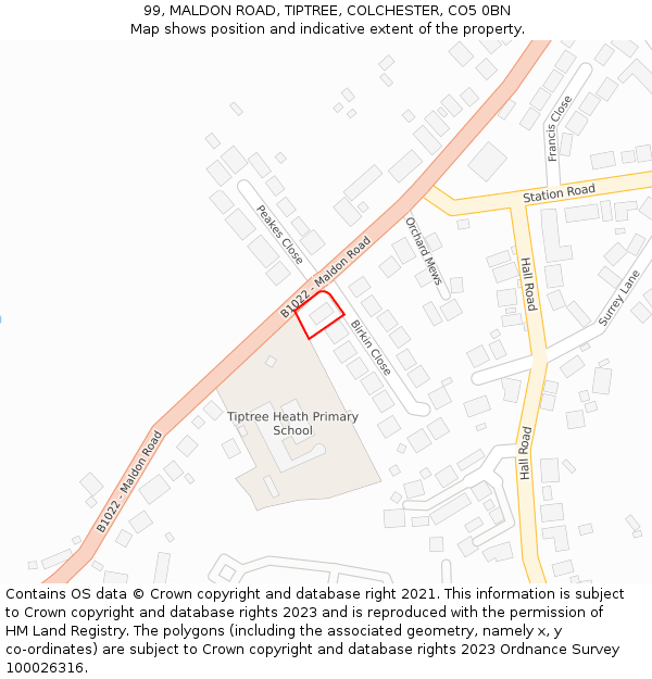 99, MALDON ROAD, TIPTREE, COLCHESTER, CO5 0BN: Location map and indicative extent of plot