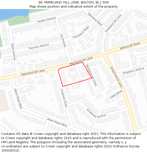 99, MARKLAND HILL LANE, BOLTON, BL1 5NX: Location map and indicative extent of plot