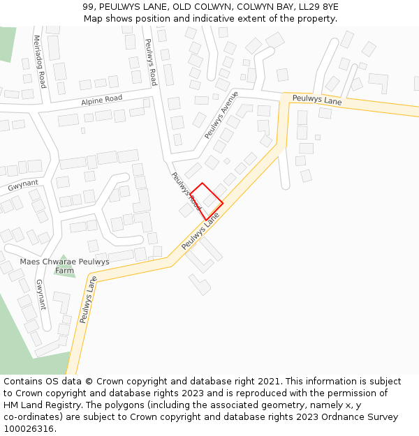 99, PEULWYS LANE, OLD COLWYN, COLWYN BAY, LL29 8YE: Location map and indicative extent of plot