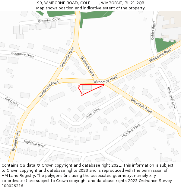 99, WIMBORNE ROAD, COLEHILL, WIMBORNE, BH21 2QR: Location map and indicative extent of plot