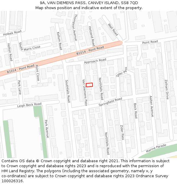 9A, VAN DIEMENS PASS, CANVEY ISLAND, SS8 7QD: Location map and indicative extent of plot