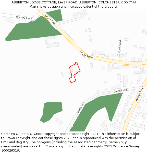 ABBERTON LODGE COTTAGE, LAYER ROAD, ABBERTON, COLCHESTER, CO5 7NH: Location map and indicative extent of plot