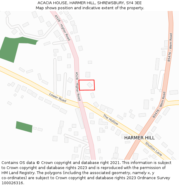 ACACIA HOUSE, HARMER HILL, SHREWSBURY, SY4 3EE: Location map and indicative extent of plot