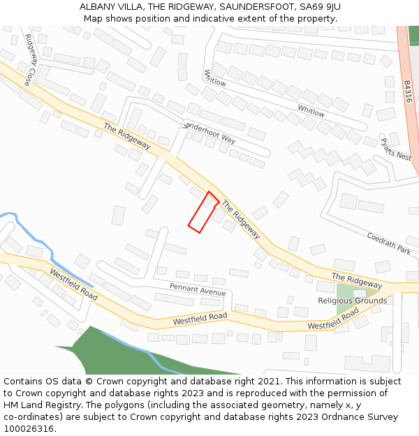 ALBANY VILLA, THE RIDGEWAY, SAUNDERSFOOT, SA69 9JU: Location map and indicative extent of plot