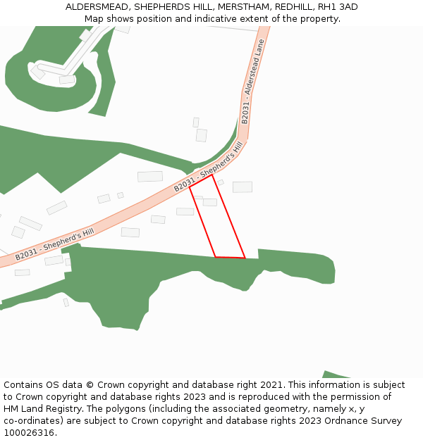 ALDERSMEAD, SHEPHERDS HILL, MERSTHAM, REDHILL, RH1 3AD: Location map and indicative extent of plot