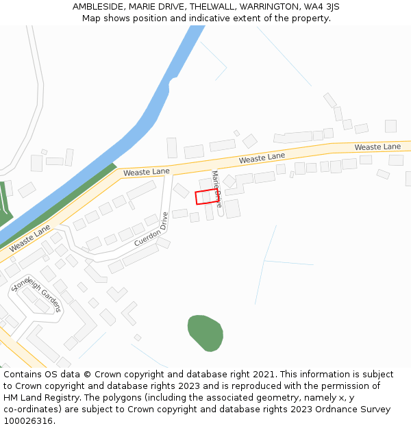 AMBLESIDE, MARIE DRIVE, THELWALL, WARRINGTON, WA4 3JS: Location map and indicative extent of plot