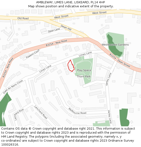 AMBLEWAY, LIMES LANE, LISKEARD, PL14 4HP: Location map and indicative extent of plot