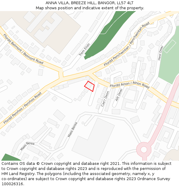 ANNA VILLA, BREEZE HILL, BANGOR, LL57 4LT: Location map and indicative extent of plot