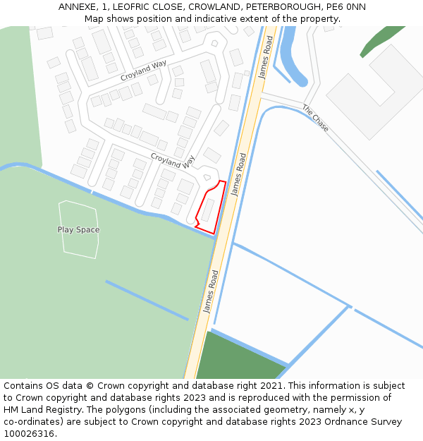 ANNEXE, 1, LEOFRIC CLOSE, CROWLAND, PETERBOROUGH, PE6 0NN: Location map and indicative extent of plot