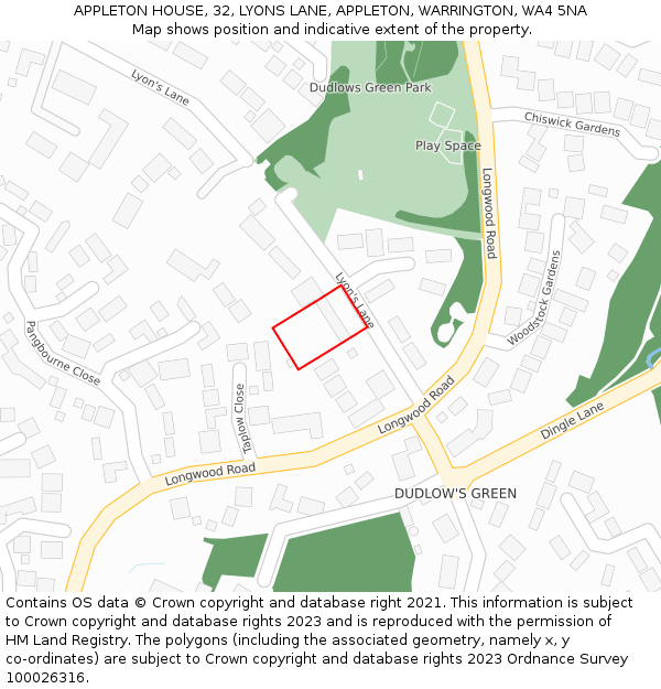 APPLETON HOUSE, 32, LYONS LANE, APPLETON, WARRINGTON, WA4 5NA: Location map and indicative extent of plot