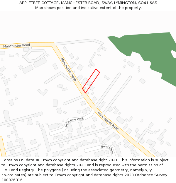 APPLETREE COTTAGE, MANCHESTER ROAD, SWAY, LYMINGTON, SO41 6AS: Location map and indicative extent of plot