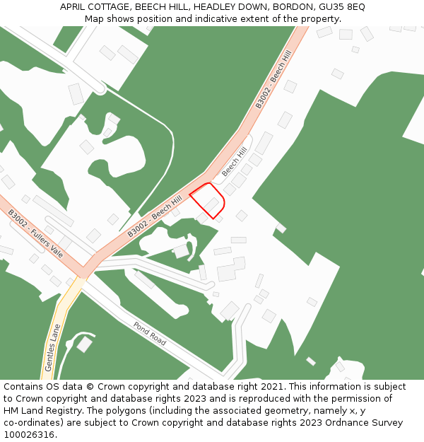 APRIL COTTAGE, BEECH HILL, HEADLEY DOWN, BORDON, GU35 8EQ: Location map and indicative extent of plot