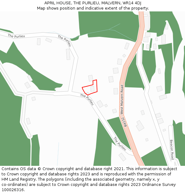 APRIL HOUSE, THE PURLIEU, MALVERN, WR14 4DJ: Location map and indicative extent of plot