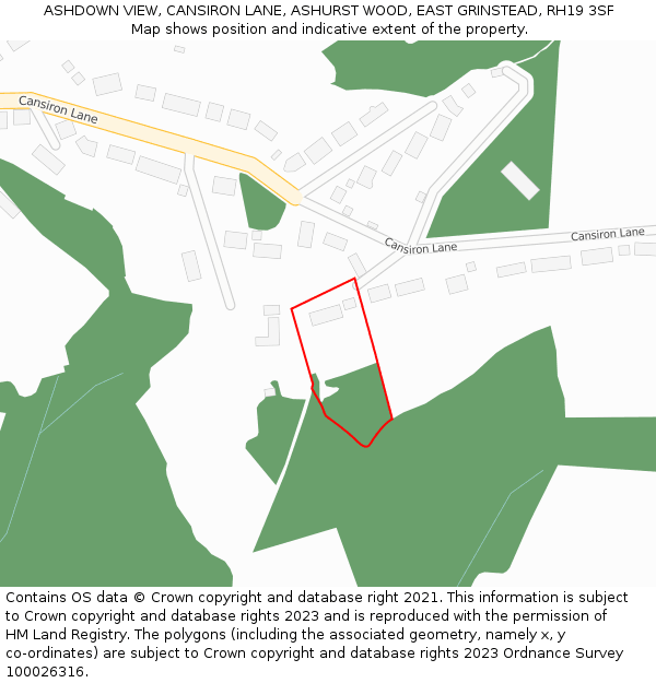 ASHDOWN VIEW, CANSIRON LANE, ASHURST WOOD, EAST GRINSTEAD, RH19 3SF: Location map and indicative extent of plot