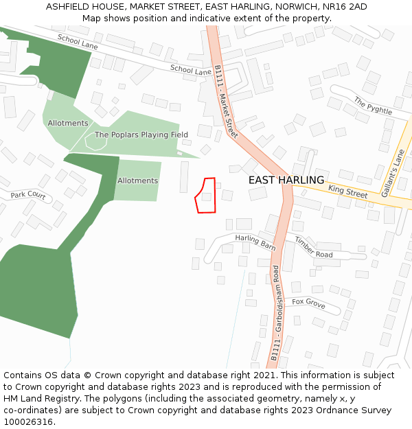 ASHFIELD HOUSE, MARKET STREET, EAST HARLING, NORWICH, NR16 2AD: Location map and indicative extent of plot