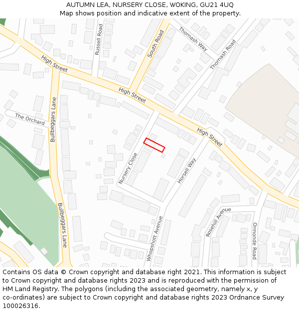 AUTUMN LEA, NURSERY CLOSE, WOKING, GU21 4UQ: Location map and indicative extent of plot