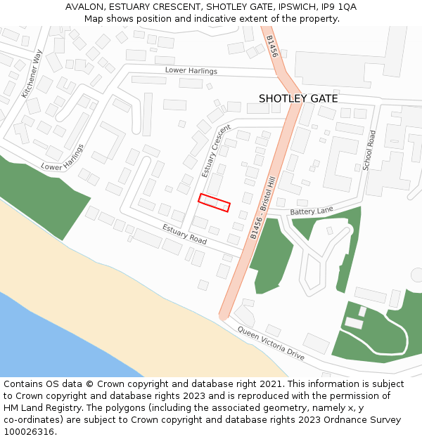 AVALON, ESTUARY CRESCENT, SHOTLEY GATE, IPSWICH, IP9 1QA: Location map and indicative extent of plot