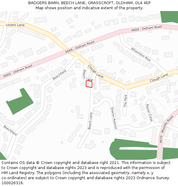 BADGERS BARN, BEECH LANE, GRASSCROFT, OLDHAM, OL4 4EP: Location map and indicative extent of plot